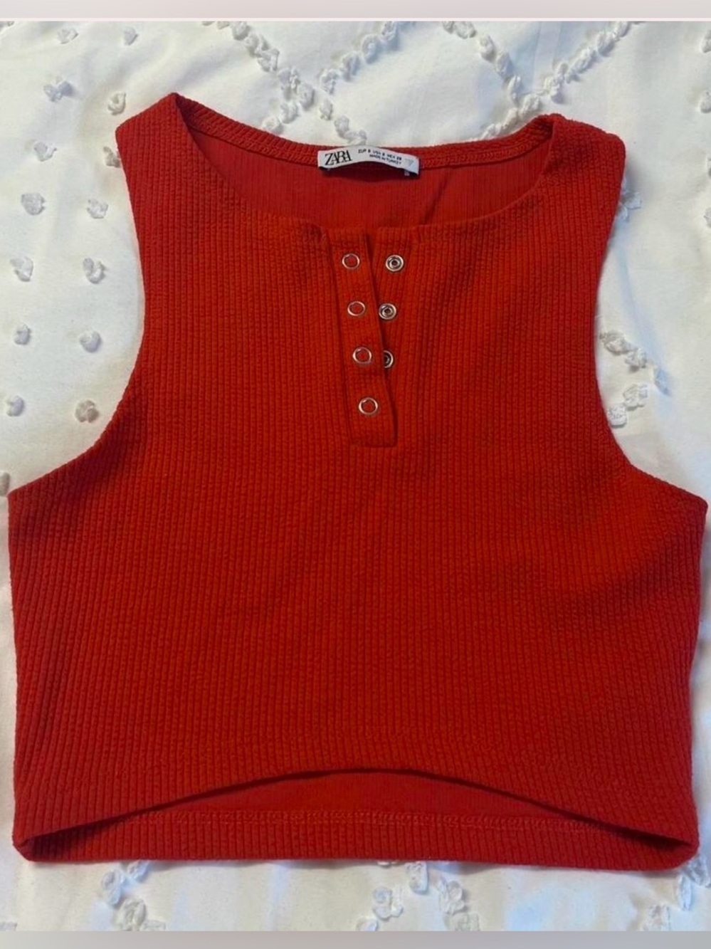 Zara Red Ribbed Snap-Front Crop Top